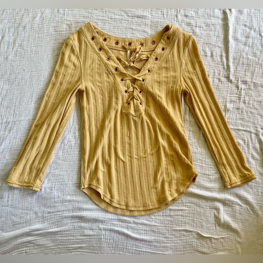 Free People Ice Cold Ribbed Lace Up Neck Top - Sun Fade - Size S
